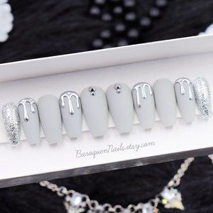 Gray Press On Nails Silver Chrome Drip Mirror Effect